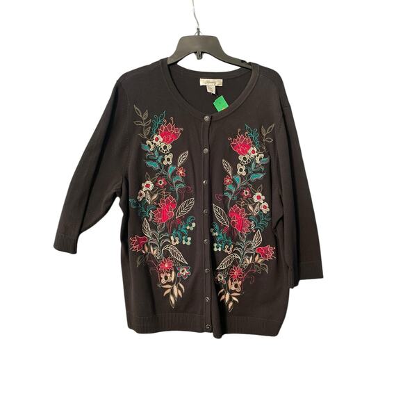 CJ Banks 1X Black Button-Front Sweater with Multicolor Embroidery - Picture 2 of 4